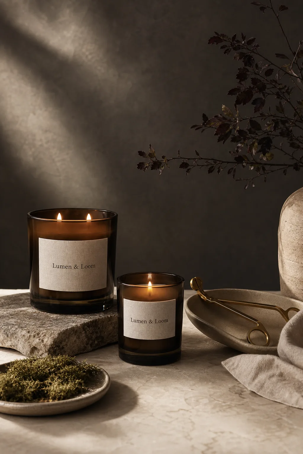Premium editorial candle ad for Lumen and Loom