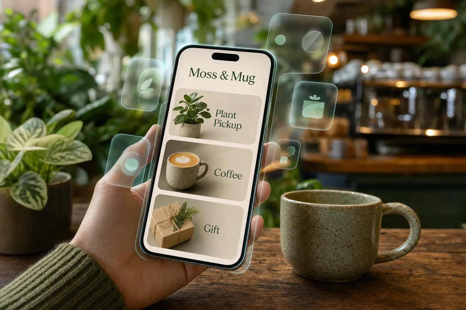 Moss and Mug digital campaign concept with phone interface