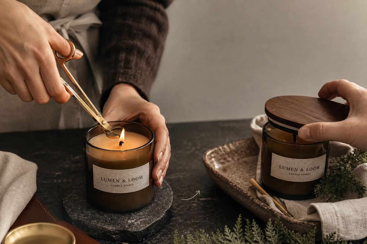 Cinematic hands demo candle ad for Lumen and Loom