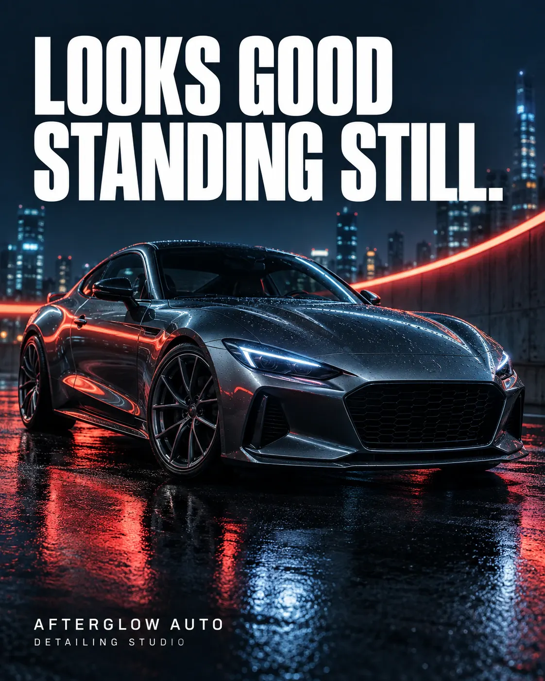 Afterglow Auto: A polished car mirrors a ribbon of colored light.