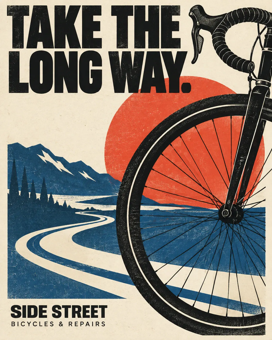 Side Street: A bicycle wheel becomes a graphic sunrise.