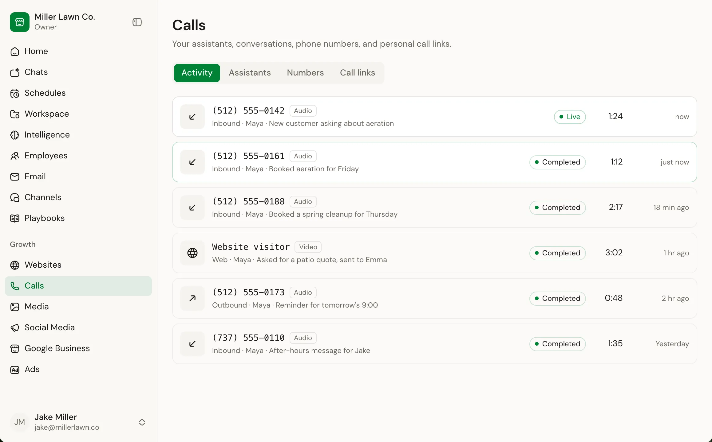 The Calls screen: inbound calls answered by Maya, a website visitor's video call and a reminder call, each with its length and status.