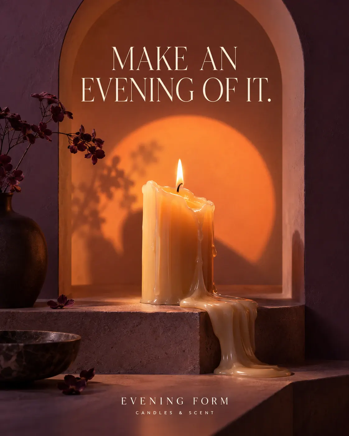 Evening Form: A candle flame lights a miniature sunset inside an arch.