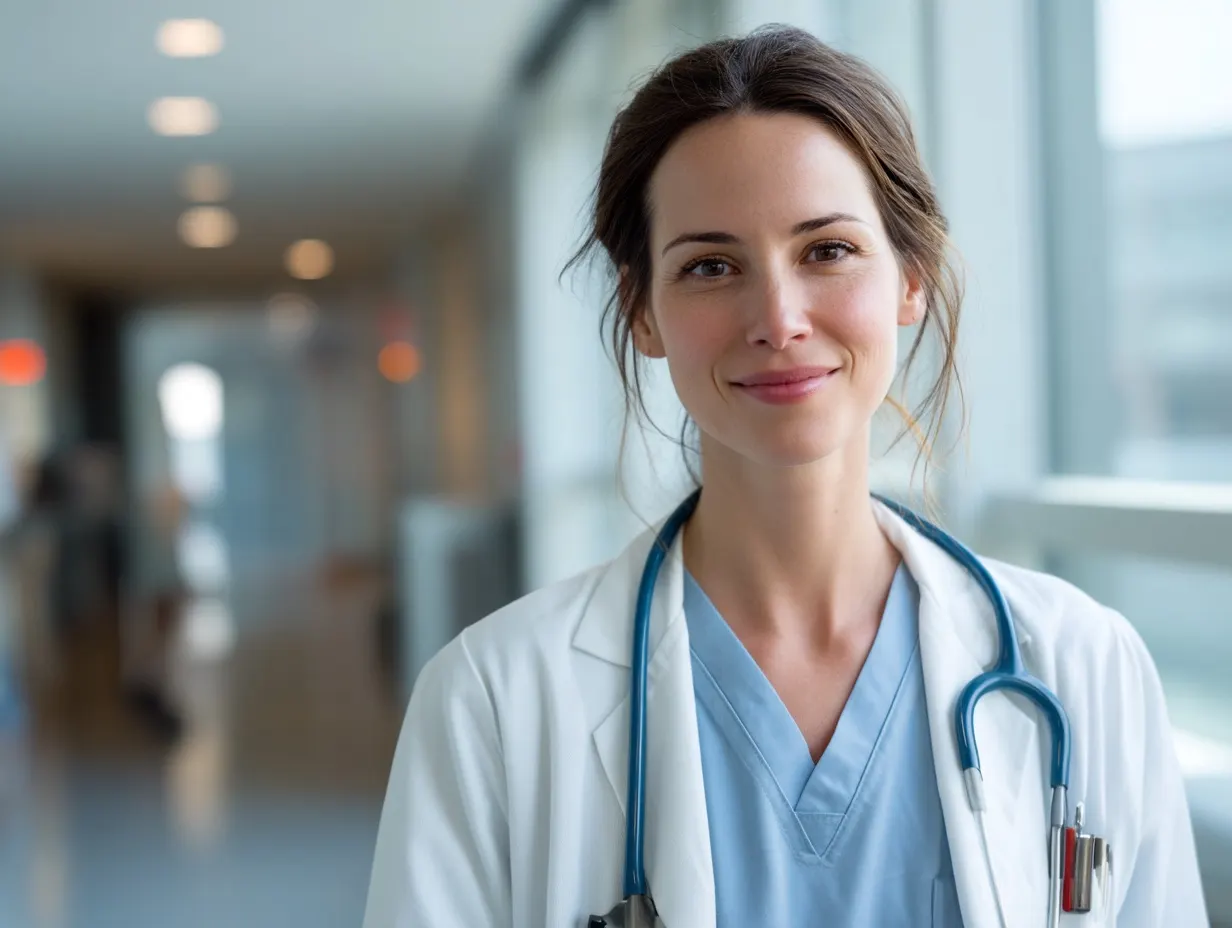 Smiling doctor in a hospital corridor