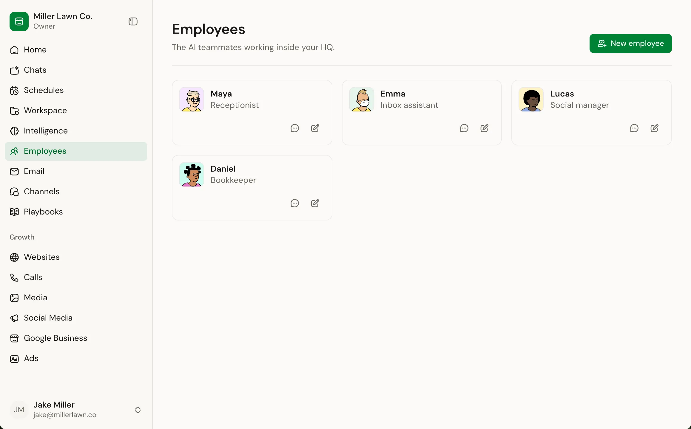 The Employees screen: Maya the receptionist, Emma the inbox assistant, Lucas the social manager and Daniel the bookkeeper.