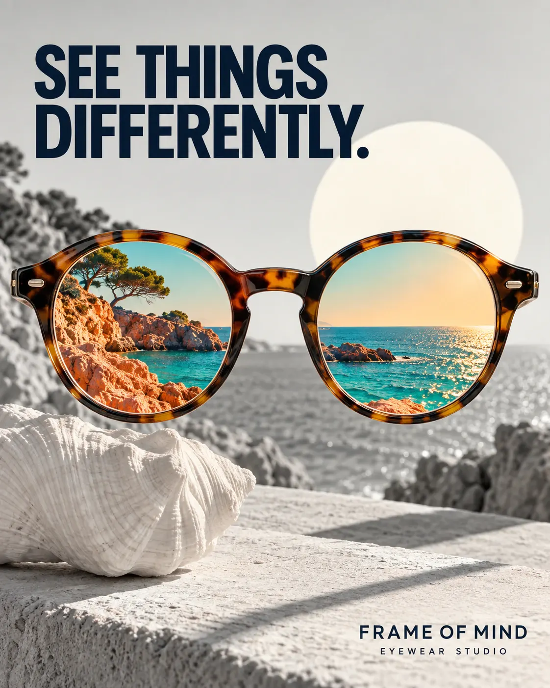 Frame of Mind: Oversized spectacles change a monochrome scene into color.