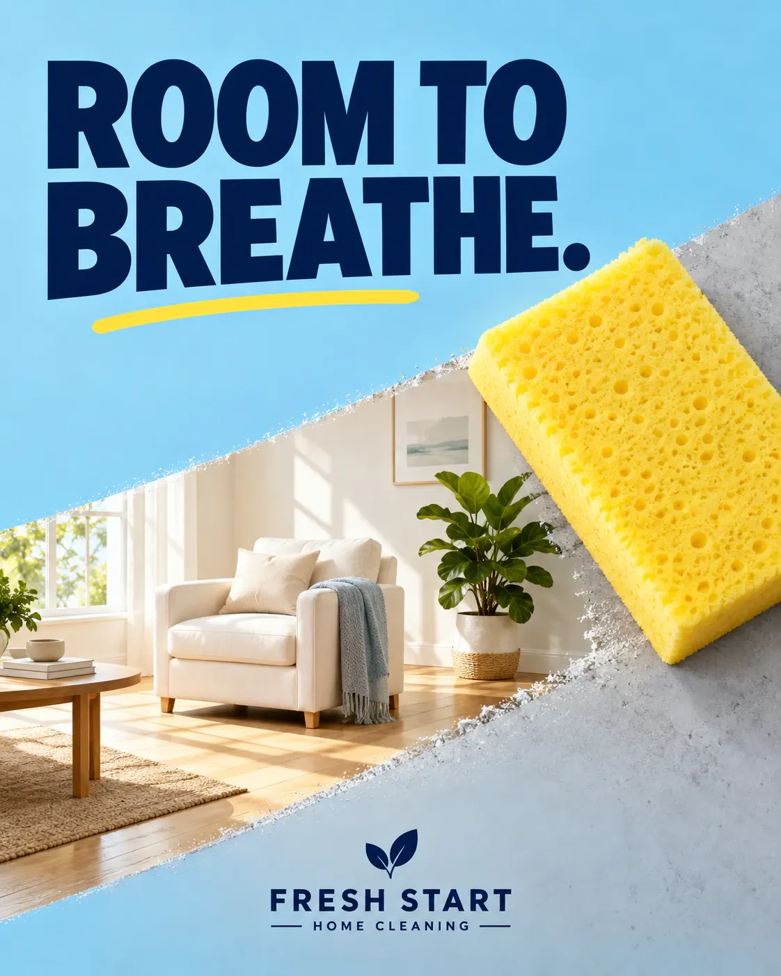 Fresh Start: A sponge wipes a path into a bright miniature room.