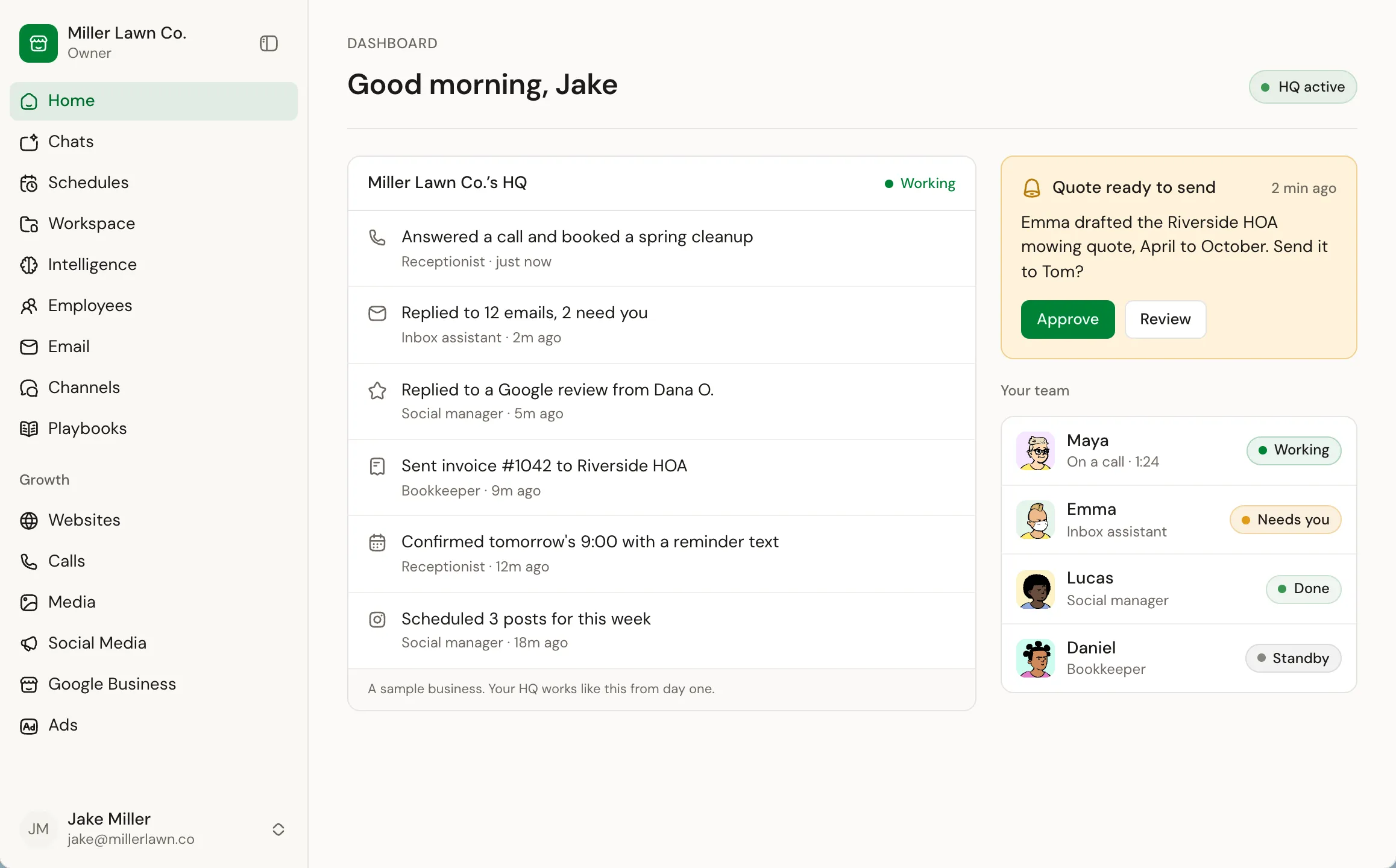 The SmallForce dashboard for a sample lawn care business: the morning greeting, the HQ's activity (a call answered, emails replied to, a review answered, an invoice sent), a quote waiting for approval and the team's status.
