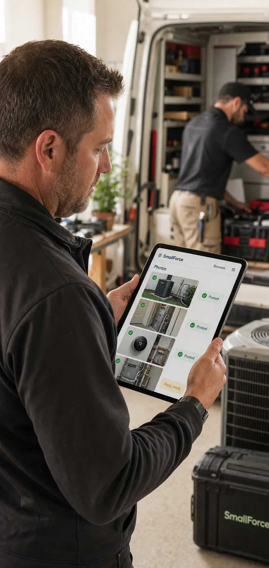 Small business owner reviewing work photos for a Google Business Profile update