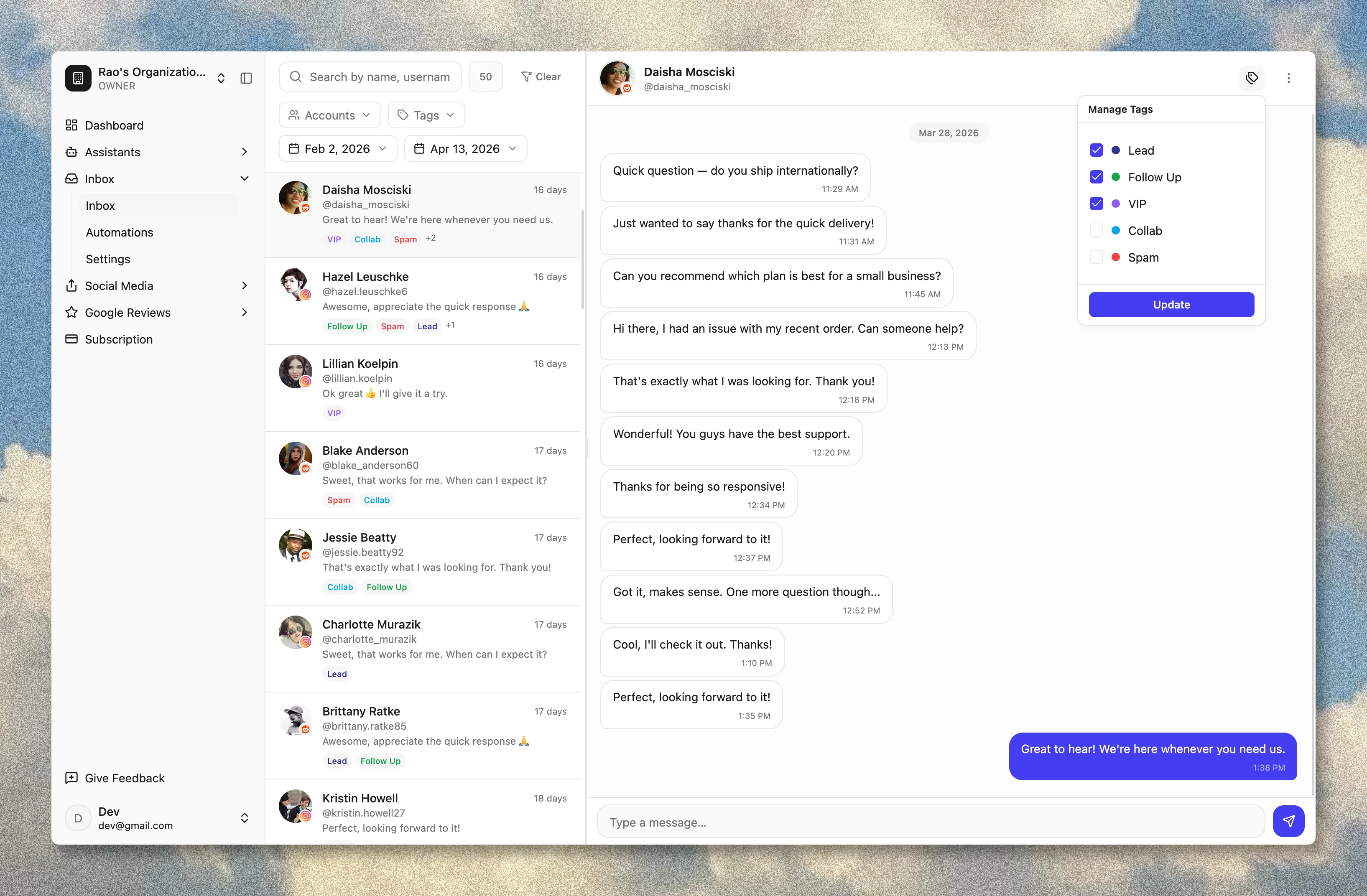 SmallForce Instagram comment to DM automation inbox showing automated replies and AI-tagged leads
