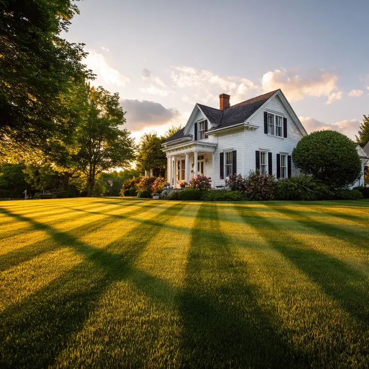 A freshly striped lawn in front of a white farmhouse
