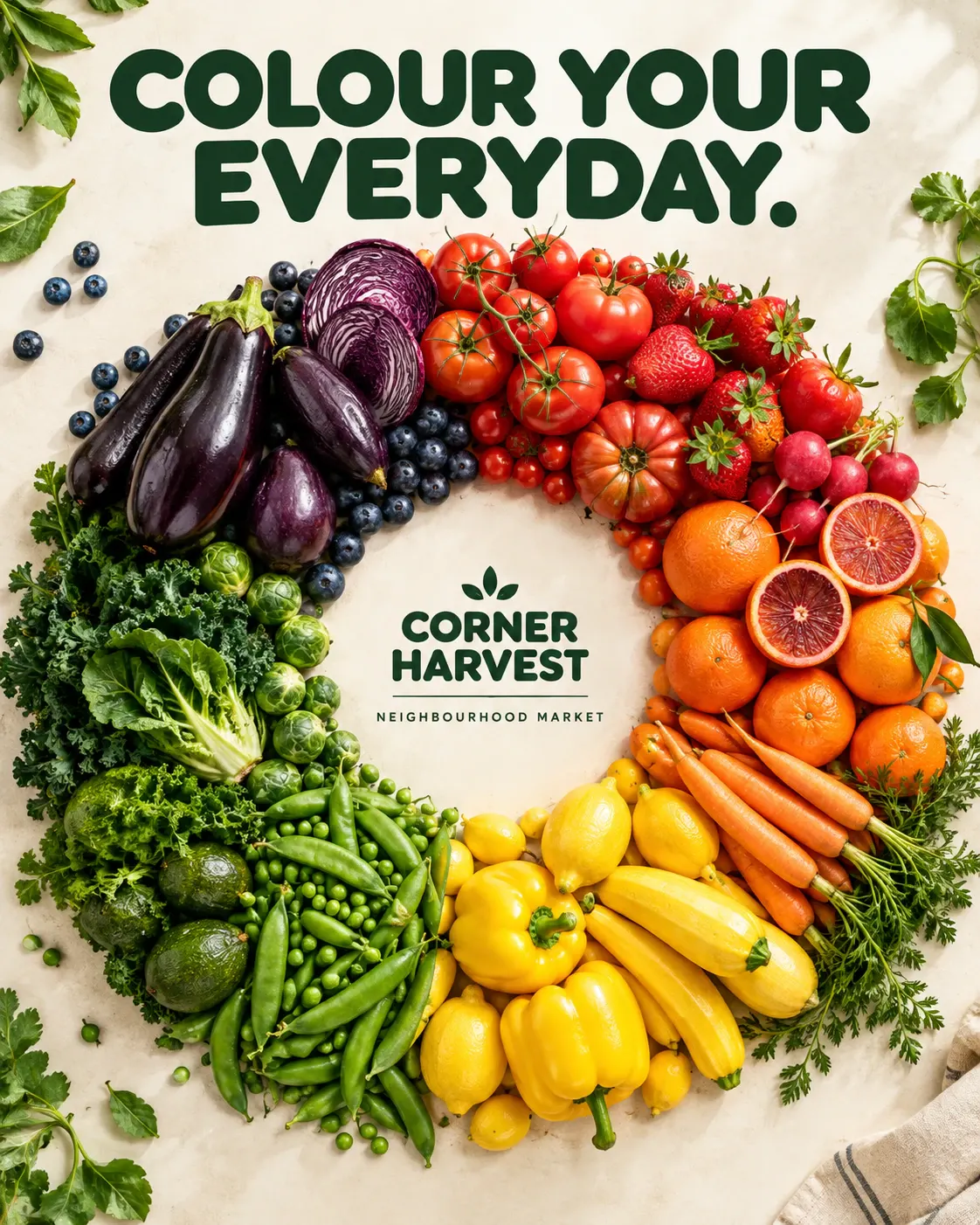 Corner Harvest: Fresh produce creates a vivid edible color wheel.