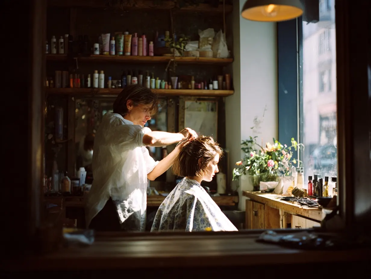 Hairdresser cutting a client’s hair in a small salon