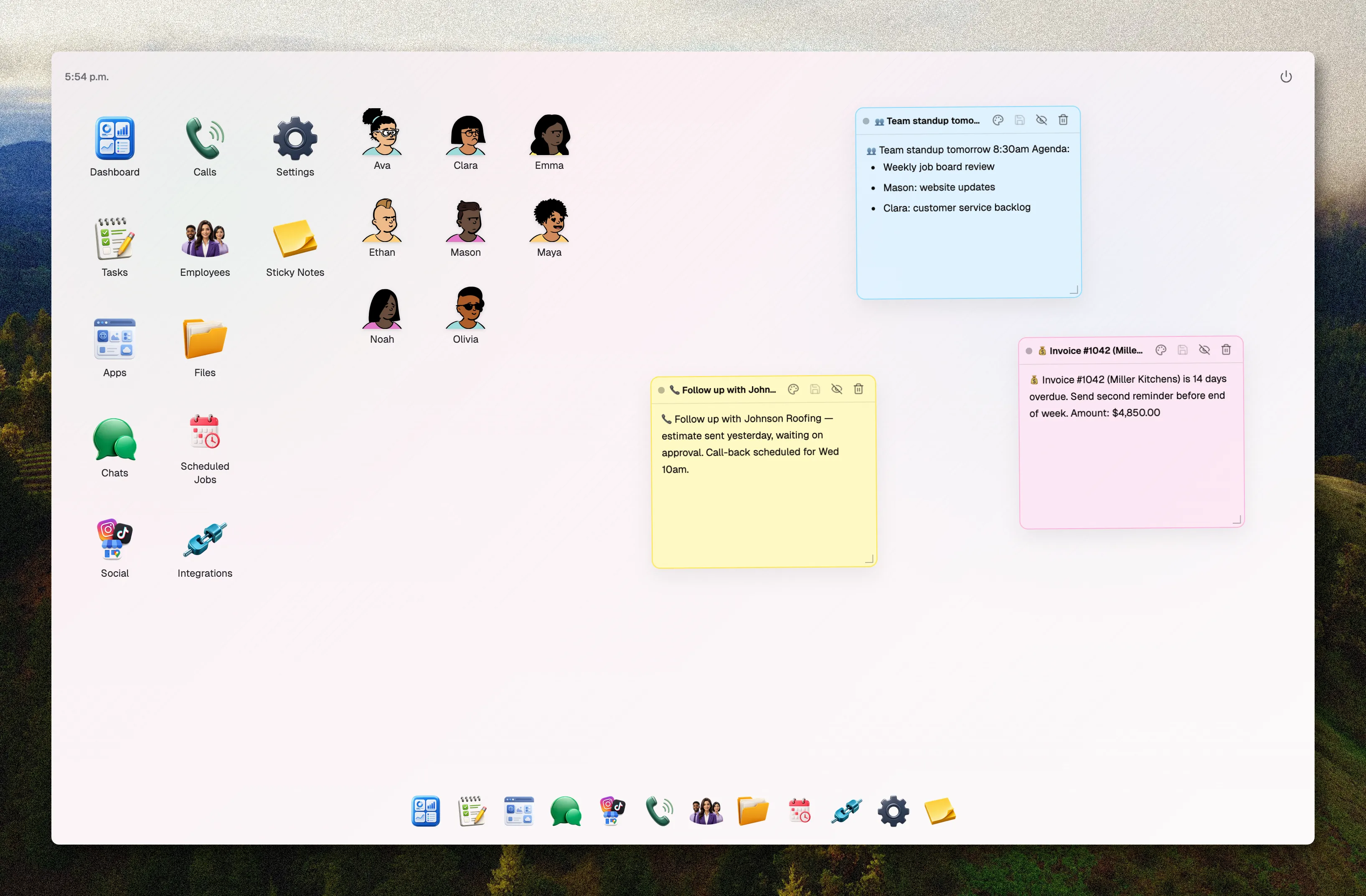 SmallForce dashboard with AI employees, apps, scheduled jobs and notes in one workspace