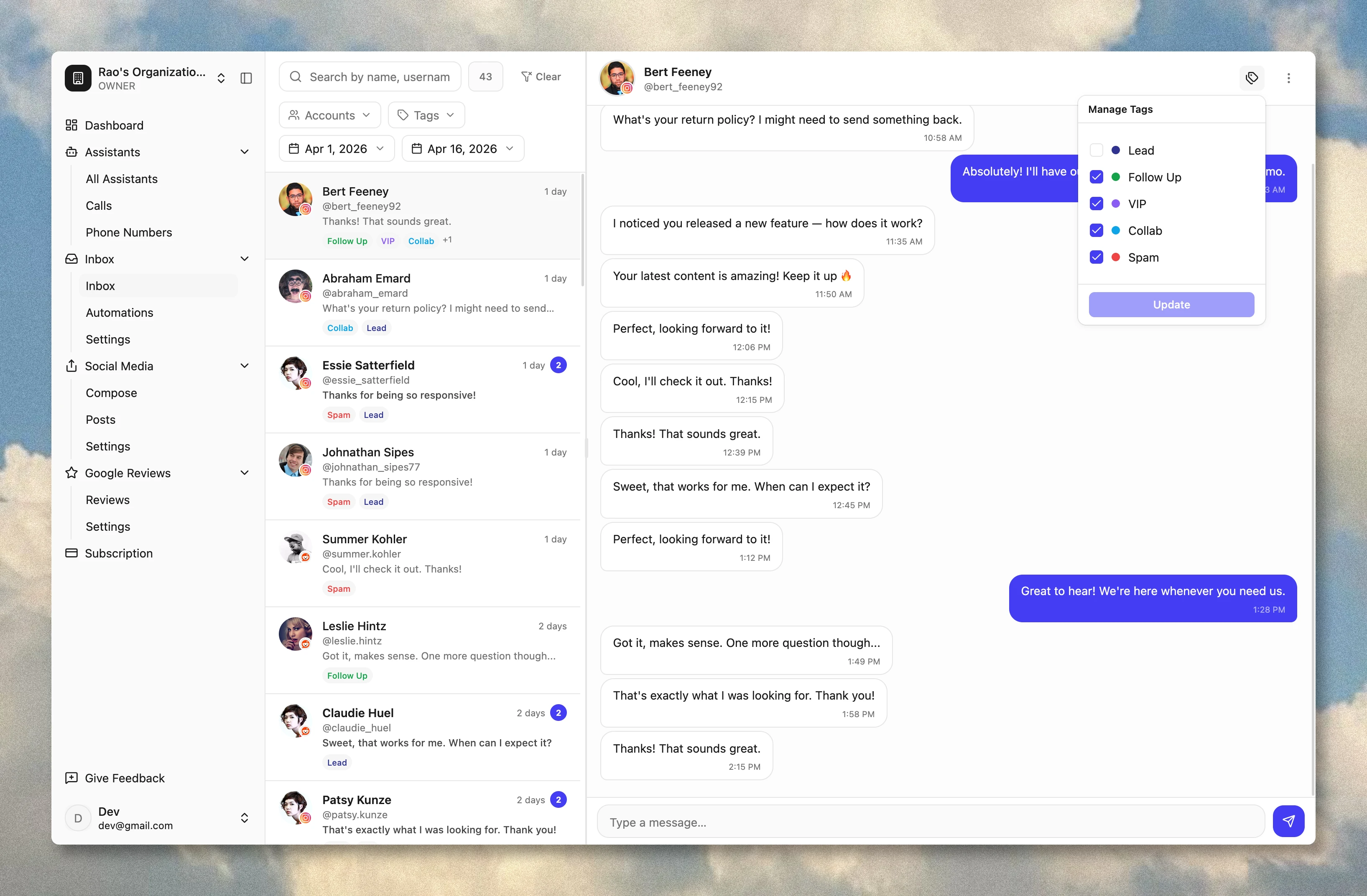 SmallForce inbox showing tagged conversations with Lead, VIP, Collab, and Spam labels alongside a Manage Tags popover