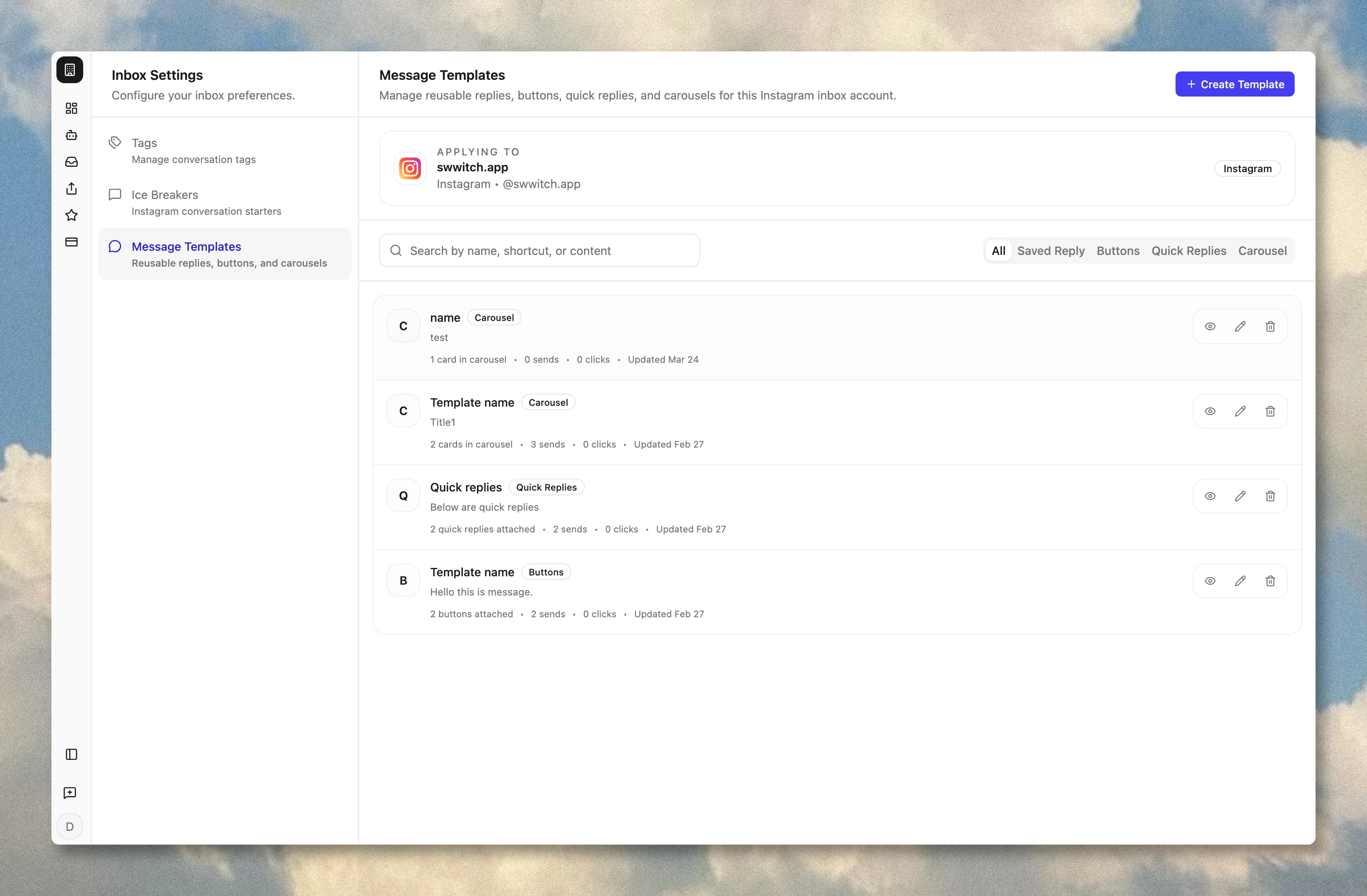SmallForce inbox settings showing the Message Templates screen with saved replies, buttons, quick replies, and carousel templates