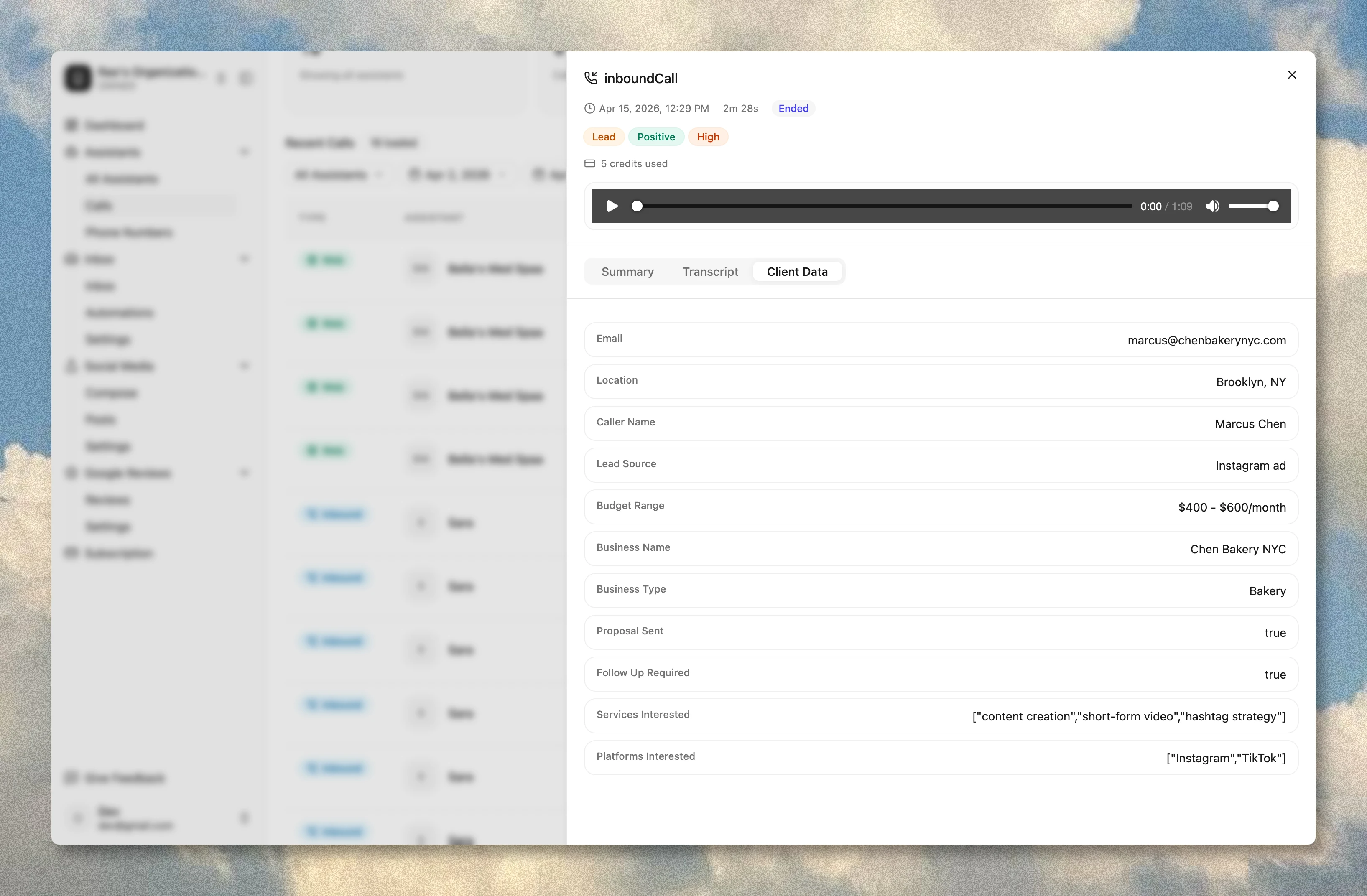 SmallForce call detail showing the Client Data tab with AI-extracted fields like email, location, caller name, lead source, budget range, and services interested