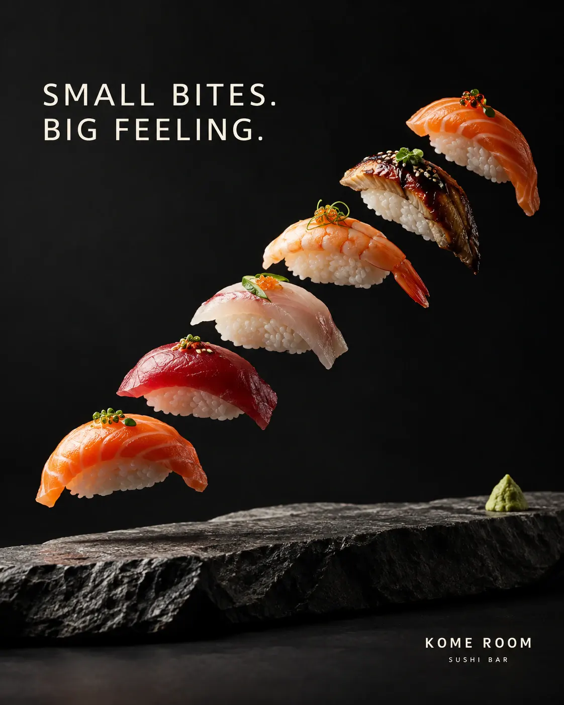 Kome Room: A wave-shaped arrangement of sushi becomes a precise culinary sculpture.