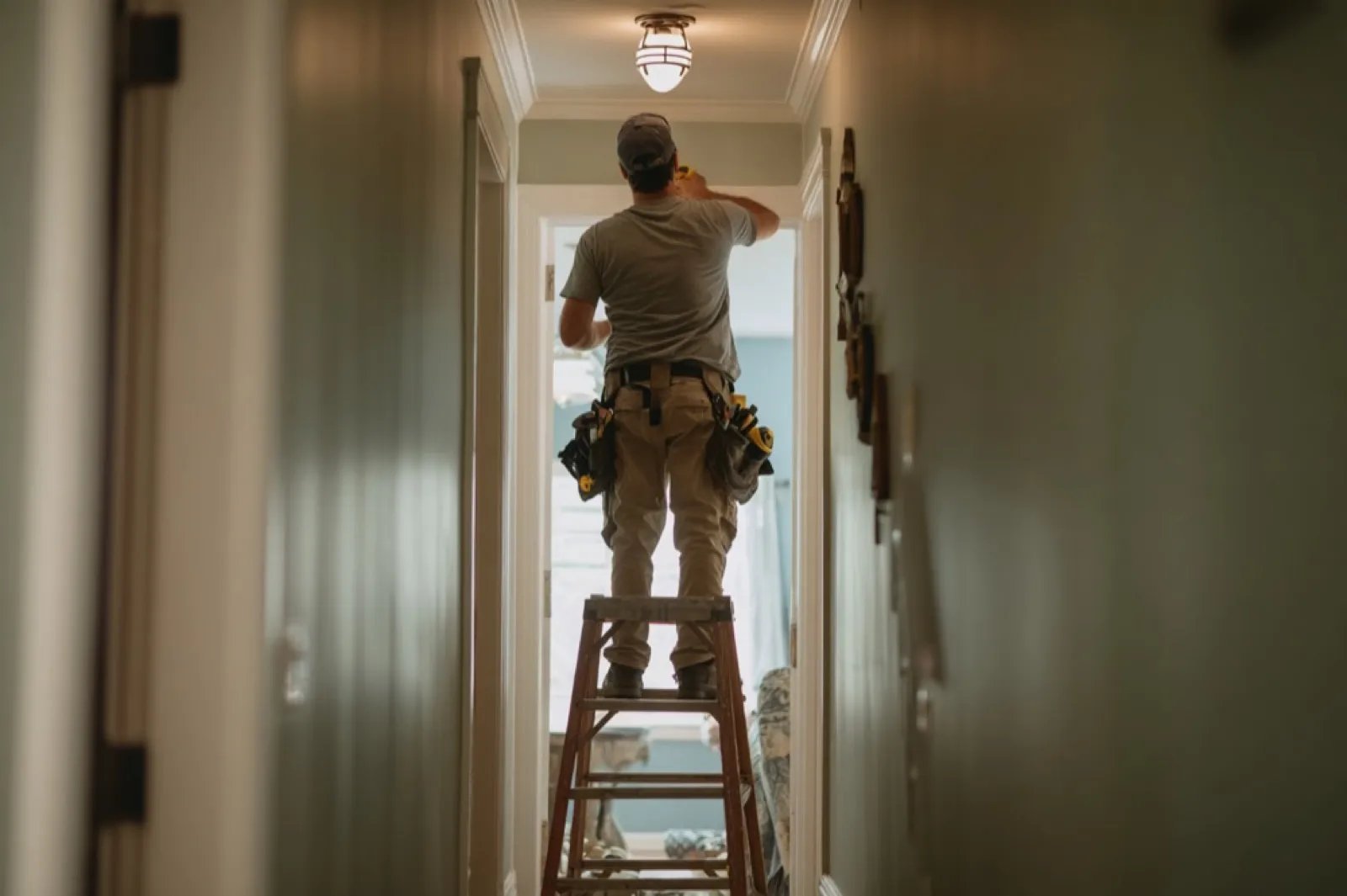 A contractor on a ladder at the end of a hallway