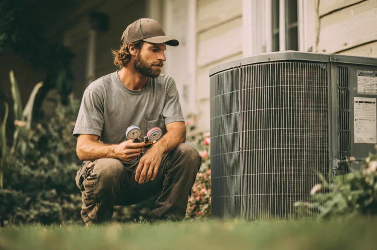 An HVAC technician checking an outdoor unit