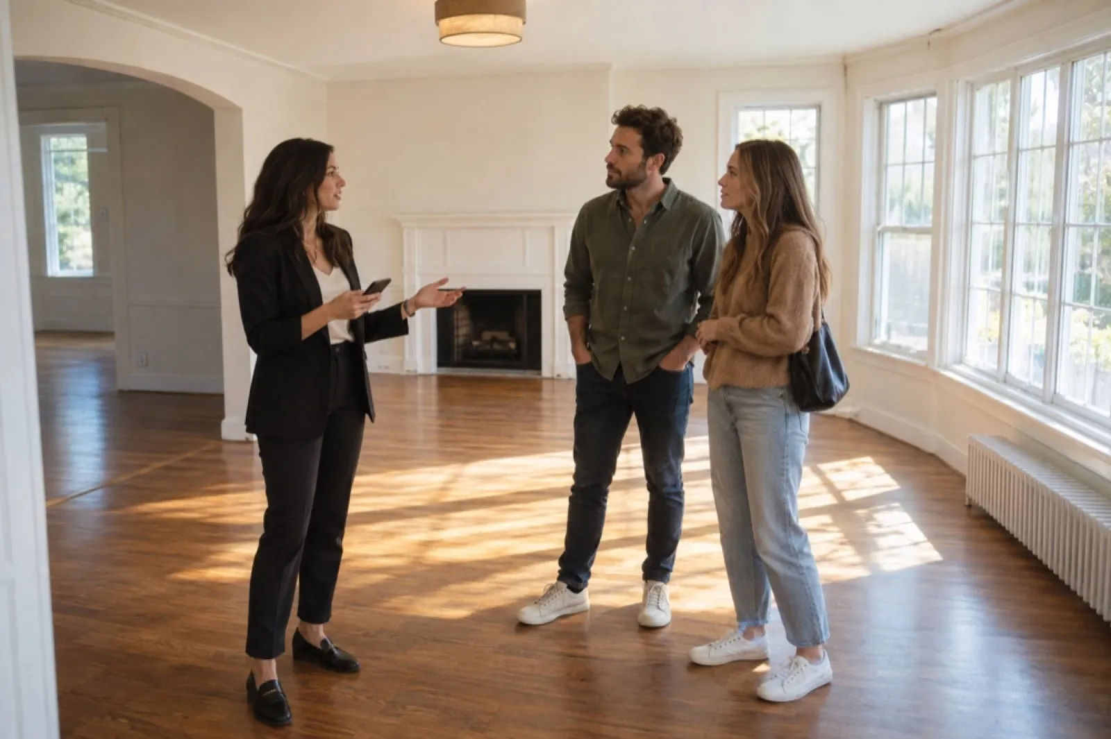 A real estate agent showing a couple an empty living room