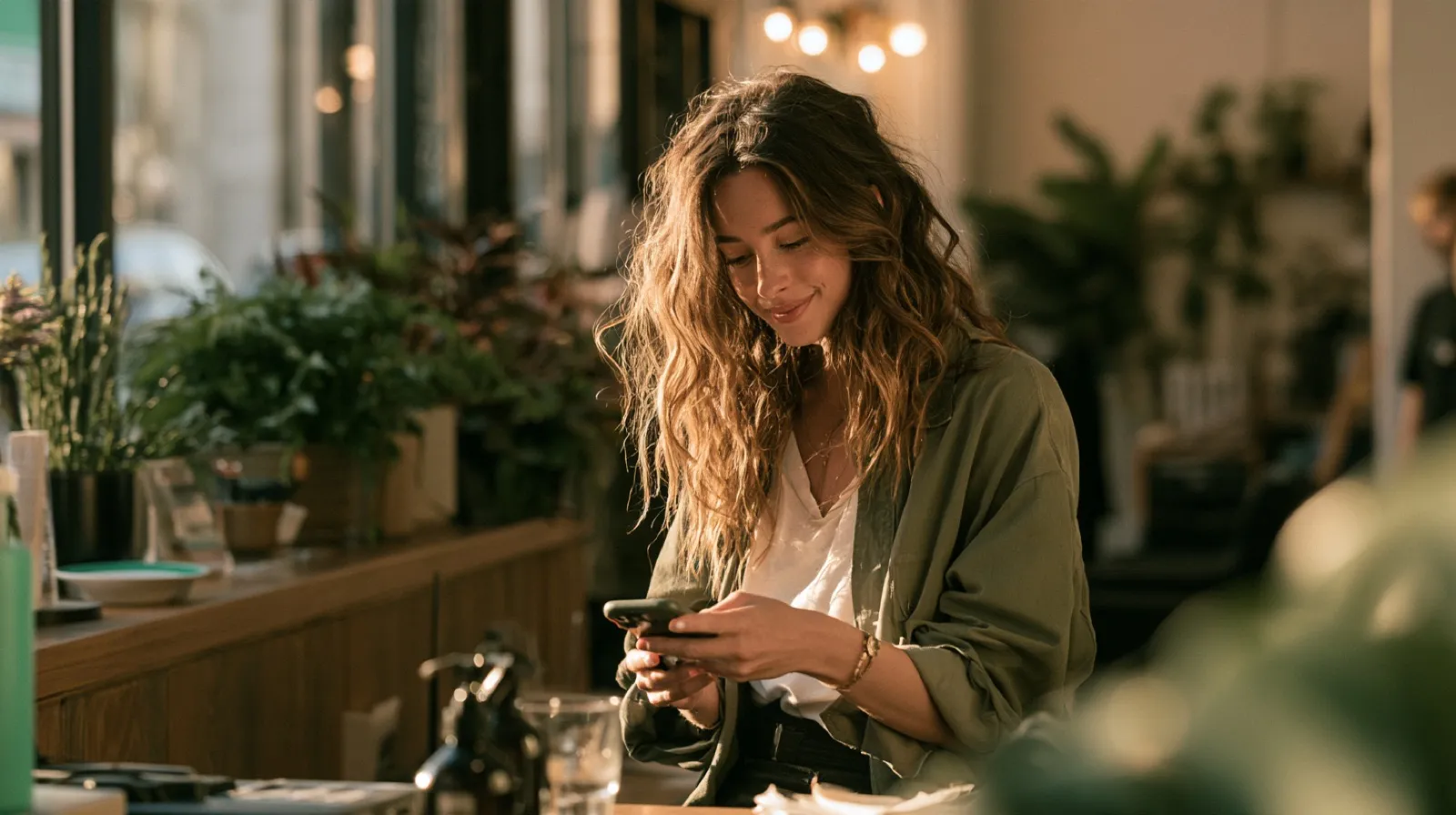 A shop owner smiling at a phone behind the counter