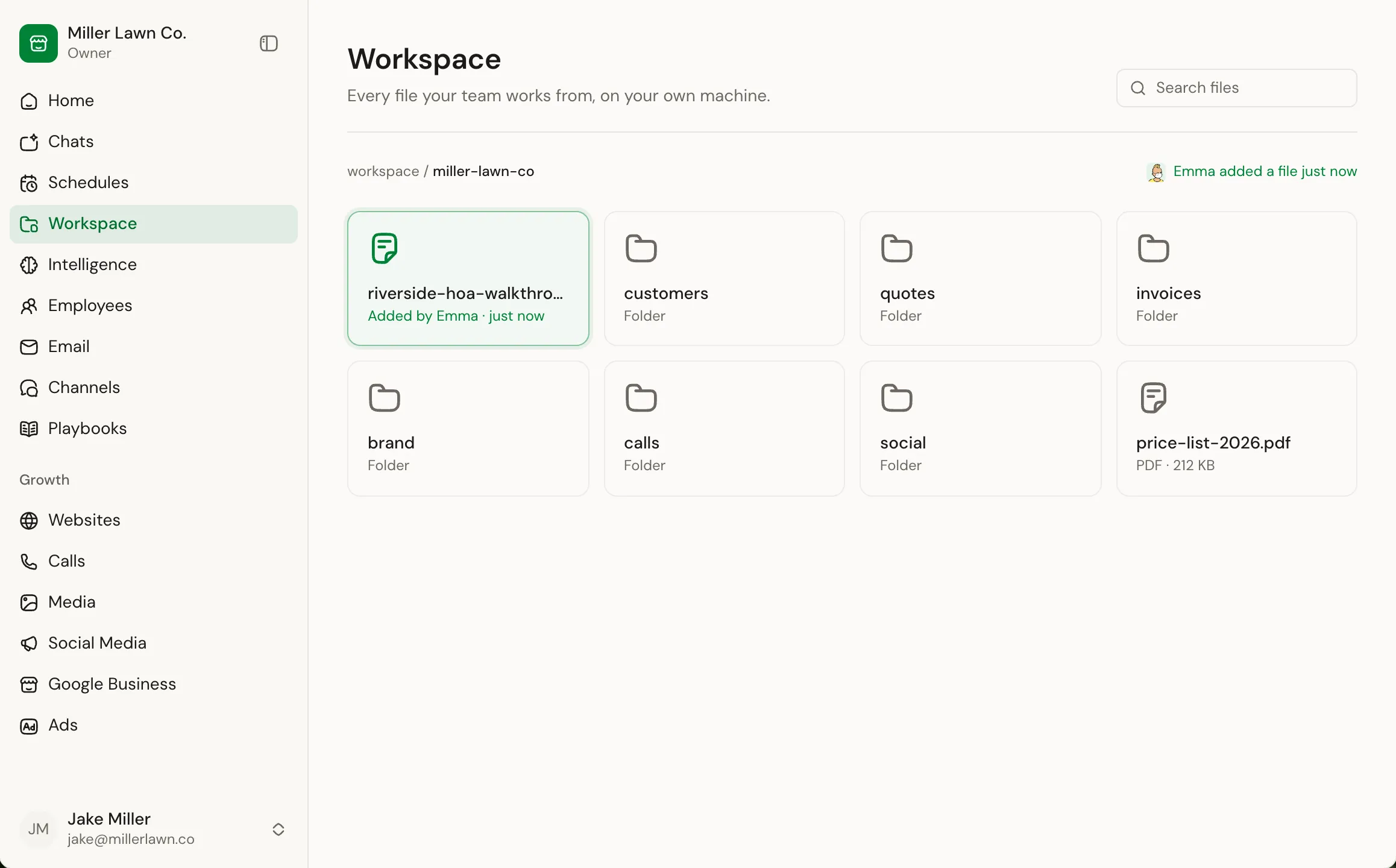 The Workspace screen: every file the team works from, in folders for customers, quotes, invoices, brand, calls and social, on the business's own machine.